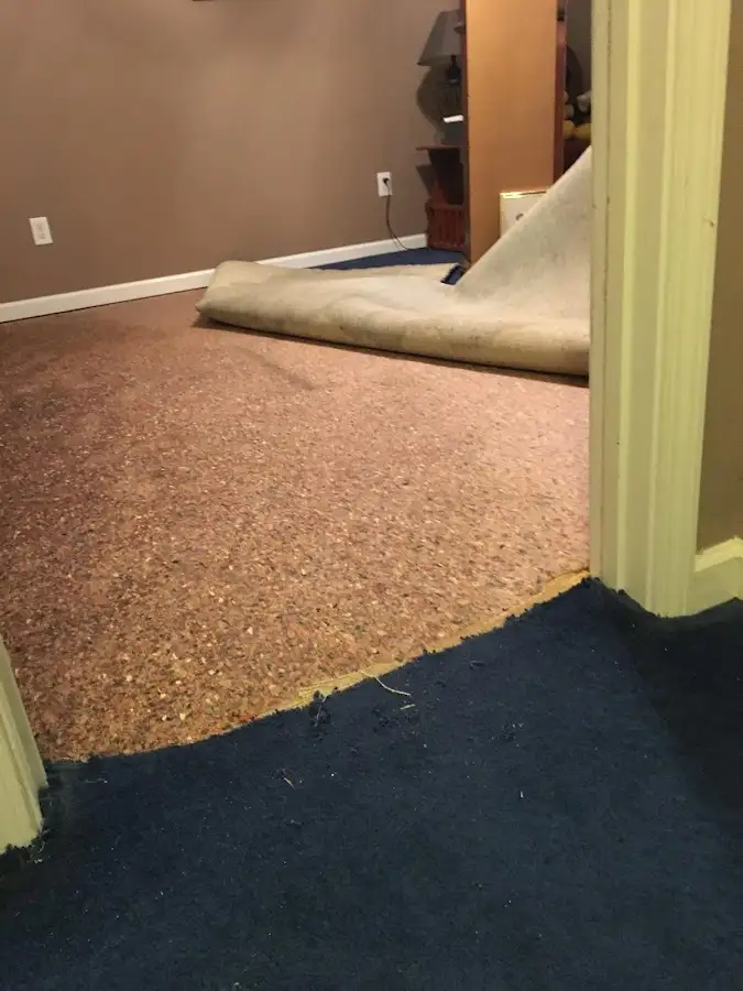 Carpet pad removal revealing water damage during Water Mitigation Services in Bowie